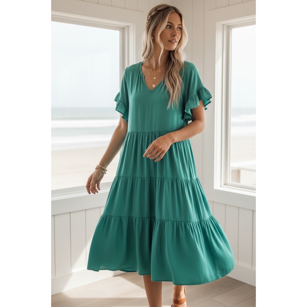 Joy‎ Joy Teal Babydoll Dress S Coastal Cottagecore Ruffle Tiered V-Neck